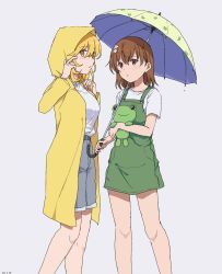  2girls animal_print blonde_hair brown_eyes brown_hair dated flower frog_print gekota green_overalls grey_shorts hair_between_eyes hair_flower hair_ornament highres holding holding_stuffed_toy holding_umbrella long_hair looking_at_another looking_at_viewer looking_to_the_side misaka_mikoto multiple_girls overalls parted_lips raincoat shirt shokuhou_misaki short_hair shorts simple_background star-shaped_pupils star_(symbol) stuffed_toy symbol-shaped_pupils takatisakana toaru_kagaku_no_mental_out toaru_kagaku_no_railgun toaru_majutsu_no_index toaru_majutsu_no_index_gaiden:_toaru_kagaku_no_mental_out umbrella white_shirt yellow_eyes yellow_raincoat  rating:General score:10 user:danbooru