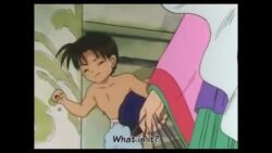  1990s 1994 1boy 1girl akazukin_chacha animated bare_legs blue_robe brown_hair child legs mage magic robe running shiine shiine_(akazukin_chacha) shota tagme topless_female transformation underwear video 