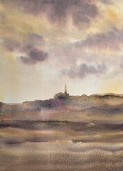  2others blue_dress blue_sky building church cloud cloudy_sky day dress field highres hill mouen_tw multiple_others original painting_(medium) scenery sky tower traditional_media watercolor_(medium) 
