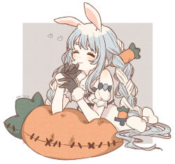  1girl ^_^ animal_ears artist_name black_gloves blue_hair blush bow braid carrot carrot_hair_ornament closed_eyes cropped_torso don-chan_(usada_pekora) elbow_rest food-themed_hair_ornament fur-trimmed_gloves fur_scarf fur_trim gloves hair_bow hair_ornament hands_up heart highres hololive long_hair multicolored_hair rabbit_ears rabbit_girl short_eyebrows simple_background smile solo stuffed_carrot thick_eyebrows traum38 twin_braids twintails two-tone_hair usada_pekora usada_pekora_(1st_costume) virtual_youtuber white_background white_bow white_hair 