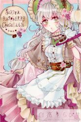  1girl apron artist_name blue_background bonnet border brown_capelet brown_sash cake capelet center_frills cherry_blossoms chocolate_cake choker cup english_text fanged_bangs feet_out_of_frame floral_print floral_print_kimono flower flower_ornament food food-themed_hair_ornament frilled_apron frilled_bonnet frilled_capelet frilled_choker frilled_gloves frilled_skirt frilled_sleeves frills fruit gloves green_bonnet green_eyes green_ribbon grey_hair hair_flower hair_ornament highres holding holding_tray japanese_clothes kimono kimono_skirt lantern long_hair long_skirt looking_at_viewer maid maid_apron maid_headdress marker_(medium) multi-tied_hair multicolored_eyes original outside_border paper_lantern pink_border pink_choker pink_eyes pink_flower pink_kimono print_kimono raspberry raspberry_hair_ornament ribbon shirahana_lapis skirt solo standing teacup teapot traditional_media tray two-tone_eyes very_long_hair wa_maid white_apron wide_sleeves yellow_gloves 