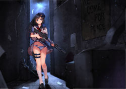  1girl absurdres allenes alley ar-15 assault_rifle black_hair black_shoes blue_eyes clothes_lift eotech female_focus groin gun hat highres holding holding_gun holding_weapon holster kneehighs loafers long_hair looking_to_the_side original outdoors panties pantyshot paper pleated_skirt rifle school_uniform serafuku shoes short_sleeves skirt skirt_lift socks solo standing striped_clothes striped_panties thigh_holster thigh_strap underwear upskirt walking weapon white_socks  rating:Sensitive score:45 user:danbooru