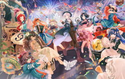  1boy 6+girls :d absurdres accordion anjo_nala apple apple_(reverse:1999) arm_up ascot barcarola_(reverse:1999) bare_shoulders barefoot black_boots black_coat black_dress black_hair black_hat black_pants black_vest blonde_hair blue_dress blue_eyes blue_neckerchief boater_hat boots bow coat colored_inner_hair confetti crackling_box_(reverse:1999) dj dress elbow_gloves fatutu ferrofluid fireworks fishbowl_helmet flower flutterpage food fruit glasses gloves green_eyes grey_eyes grey_gloves grey_hair hair_bow hair_bun hair_flower hair_intakes hair_ornament hand_up harmonica hat highres holding holding_instrument holding_party_popper holding_suitcase instrument jacket leg_up life_neko72 long_dress matilda_bouanich matilda_bouanich_(the_genius&#039;s_holiday) multicolored_hair multiple_girls multiple_hair_bows musical_note musical_staff neckerchief newsboy_cap night night_sky official_alternate_costume open_mouth orange_hair pants party_popper phonograph pink_dress poltergeist_(reverse:1999) red_hair red_jacket regulus_(reverse:1999) reverse:1999 sailing_ship satellite school_uniform sheet_ghost ship_in_a_bottle shirt single_side_bun sitting skeletal_hand sky sleeveless sleeveless_dress smile sonetto_(emotion_in_tranquility)_(reverse:1999) sonetto_(reverse:1999) soviet_school_uniform sputnik sputnik_(reverse:1999) standing standing_on_one_leg string_of_flags suitcase sunglasses tambourine turntable ulrich_(reverse:1999) vertin_(reverse:1999) vest voyager_(reverse:1999) white_ascot white_dress white_flower white_hat white_rum_(reverse:1999) white_shirt 