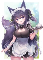  1girl :d absurdres alternate_costume animal_ear_fluff animal_ears apron black_bow black_dress blush bow breasts cleavage cleavage_cutout clothing_cutout commentary_request copyright_request cup dog_ears dog_girl dog_tail dress enmaided fang fox_cutout frilled_apron frilled_skirt frills green_ribbon hair_between_eyes hair_bow hair_ribbon head_tilt highres holding holding_tray large_breasts long_hair maid maid_headdress open_mouth pleated_dress puffy_short_sleeves puffy_sleeves purple_eyes purple_hair quon_tama ribbon rucaco short_sleeves signature skirt smile solo tail tail_raised teacup teapot translation_request tray two_side_up very_long_hair virtual_youtuber white_apron wrist_cuffs 