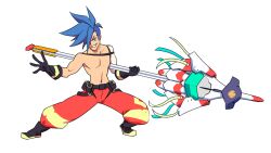  black_boots black_gloves blue_eyes blue_hair boots emiladylbekuulu galo_thymos gloves matoi no_shirt non-web_source pants promare red_pants teeth topless_male trigger_(company) 