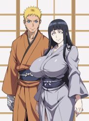  1boy 1girl black_hair blonde_hair blue_eyes breasts byakugan couple facial_mark hetero highres husband_and_wife hyuuga_hinata large_breasts long_hair looking_at_viewer naruto_(series) no_pupils short_hair smile spiked_hair uzumaki_naruto whisker_markings white_eyes yxyyxy 
