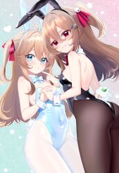  2girls absurdres ahoge animal_ears ass back backless_leotard black_leotard black_pantyhose blue_bow blue_eyes blue_leotard blue_nails blush bow bowtie breasts brown_hair commentary commission covered_navel cowboy_shot detached_collar english_commentary evil_neuro-sama fake_animal_ears fake_tail felixkohai hair_between_eyes hair_ornament hair_ribbon hairpin heart heart_sticker highleg highleg_leotard highres holding_hands interlocked_fingers leotard long_hair looking_at_viewer multiple_girls neuro-sama pantyhose playboy_bunny rabbit_ears rabbit_tail red_bow red_eyes red_ribbon ribbon second-party_source shiny_clothes short_twintails siblings small_breasts smile star_(symbol) sticker_on_face strapless strapless_leotard tail twins twintails two-tone_background vedal_ai white_pantyhose white_wrist_cuffs wrist_cuffs 