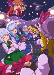  6+girls :3 :d ^_^ alice_margatroid blonde_hair blush_stickers bottle cherry_blossoms closed_eyes commentary danmaku giant giantess grey_hair hakurei_reimu hat holding holding_bottle ibuki_suika immaterial_and_missing_power izayoi_sakuya kirisame_marisa konpaku_youmu kumamoto_(bbtonhk2) long_hair maid maid_headdress mob_cap multiple_girls open_mouth outdoors patchouli_knowledge petals picnic pink_hair pixel_art remilia_scarlet saigyouji_yuyuko short_hair smile spear_the_gungnir touhou triangular_headpiece witch_hat yakumo_yukari 