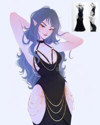 1girl arms_up artist_logo black_dress borrowed_character breasts chain cleavage collarbone colored_skin commentary dress ear_piercing english_commentary fangs gold_chain hands_in_own_hair highres hip_vent logo long_hair looking_at_viewer medium_breasts meme_attire modakawa_dress original piercing pointy_ears purple_skin reference_inset smile solo standing thighs vivianvalenart