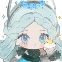  1girl aqua_hair bare_shoulders black_bow black_dress black_gloves blue_dress blue_eyes bow braid candle character_request chibi chinese_commentary commentary_request dress eyelashes fafo_shucaitang fire gloves half_up_half_down_braid highres holding holding_candle ice light_blush long_hair looking_at_viewer nikki_(series) open_mouth photo-referenced simple_background solo sparkle strapless strapless_dress teardrop tsurime two-tone_dress very_long_hair white_background 