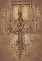  1boy ahoge aldo_(another_eden) another_eden arm_behind_back blurry blurry_edges boots brown_theme building capelet commentary_request different_shadow door from_behind full_body gauntlets greatsword hatching_(texture) highres linear_hatching looking_to_the_side male_focus michibata_65 monochrome outdoors pants pavement running_bond scabbard sepia shadow sheath shirt short_hair solo standing sword twisted_torso weapon window 
