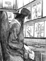  1girl backwards_hat baseball_cap cd_case display guitar_case hat highres instrument_case long_hair long_sleeves looking_at_object looking_down original shop solo tp_p_pt 