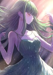  1girl blunt_ends blunt_sidelocks blush bracelet closed_eyes closed_mouth collarbone commentary_request cowboy_shot dress earrings expressionless floating_hair green_dress green_hair hands_up highres indie_virtual_youtuber jewelry lace_dress light_particles light_rays long_hair long_sidelocks mikan_mizu nah_(vtuber) sidelocks sleeveless sleeveless_dress solo sparkle sunbeam sunlight turning_head virtual_youtuber 