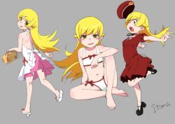  1girl back barefoot bikini blonde_hair feet itoma_mahimahi loli long_hair looking_at_viewer monogatari_(series) navel official_alternate_costume open_mouth oshino_shinobu shoulder_blades sitting solo stomach swimsuit toes white_bikini yellow_eyes 