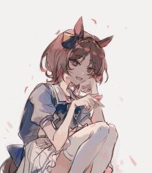  1girl animal_ears ascot bow brown_hair ear_bow ear_ornament ear_scrunchie flower_in_eye hair_ornament highres horse_ears horse_girl horse_tail kneehighs open_mouth petals pink_ascot pink_eyes purple_eyes sakura_laurel_(umamusume) school_uniform shirt short_hair short_sleeves simple_background sitting skirt smile socks solo symbol_in_eye tail tracen_school_uniform umakrrrr umamusume white_socks 