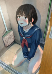 1girl between_legs black_sailor_collar black_serafuku black_shirt blush bottomless brown_eyes brown_hair commentary_request cropped_shirt hand_between_legs highres indoors long_sleeves mop navel neckerchief open_mouth original red_neckerchief sailor_collar school_uniform serafuku shirt short_hair sitting solo textless_version unncow rating:Questionable score:88 user:danbooru