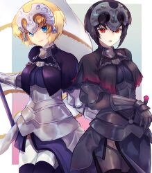  2girls aigis_(persona) alternate_costume armor armored_dress black_dress black_hair blonde_hair blue_eyes border chain collar commentary cosplay dress fate/grand_order fate_(series) faulds headpiece highres jeanne_d&#039;arc_(fate) jeanne_d&#039;arc_(ruler)_(fate) jeanne_d&#039;arc_(ruler)_(fate)_(cosplay) jeanne_d&#039;arc_alter_(avenger)_(fate) jeanne_d&#039;arc_alter_(avenger)_(fate)_(cosplay) jeanne_d&#039;arc_alter_(fate) metal_collar metis_(persona) minako_larima multiple_girls open_mouth persona persona_3 persona_3_the_answer plackart red_eyes sakamoto_maaya short_hair voice_actor_connection white_border 