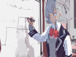 1girl blazer board bow bowtie cevio classroom commentary double_bun grey_hair grey_sweater hair_bun hair_ornament hairclip hand_up highres holding holding_marker indoors jacket kabuyama_kaigi koharu_rikka marker no_lineart pink_bow pink_bowtie pink_eyes scribble short_hair sidelighting sketch solo standing sweater synthesizer_v whiteboard writing rating:General score:2 user:danbooru