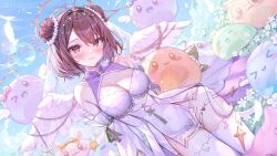  &gt;_&lt; &gt;_o 1girl alllisso artist_name blush blush_stickers bow breasts brown_hair cleavage closed_mouth clothing_cutout covered_navel double_bun dress feathered_wings feathers flower glasses gloves hair_bun hair_ornament halo heart highres holding one_eye_closed pink_bow second-party_source shadow sheffy_(vtuber) short_hair shoulder_cutout tassel thighhighs vdonburi virtual_youtuber white_dress white_feathers white_flower white_gloves white_thighhighs white_wings wings 