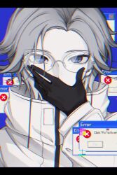  1boy absurdres aotsuki_eito black_gloves blue_background chinese_commentary chromatic_aberration commentary covering_own_mouth english_commentary error_message glasses gloves grey_eyes grey_hair hand_over_own_mouth highres jacket letterboxed looking_at_viewer male_focus mixed-language_commentary short_hair solo spoilers the_hundred_line_-last_defense_academy- weic1217 