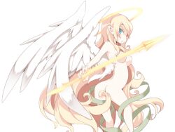  1girl angel angel_wings ass blonde_hair blue_eyes breasts closed_mouth feathered_wings frfr game_cg glaring green_ribbon hair_between_eyes halo holding holding_weapon large_breasts light_frown long_hair micaela_(mon-musu_quest!) mon-musu_quest! mon-musu_quest:_paradox naked_ribbon navel nude pointy_ears ribbon variant_set very_long_hair weapon white_wings wings yellow_halo 