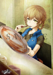  amane_suzuha amane_suzuha_(beta) belt belt_buckle blue_vest braid breasts brown_hair buckle eating green_shirt grey_pants hair_rings holding holding_plate hood hooded_vest hoodie huke looking_at_viewer lowres medium_breasts official_art pants plate sample_watermark science_adventure shirt steins;gate steins;gate_0 t-shirt twin_braids twintails vest watermark yellow_eyes 