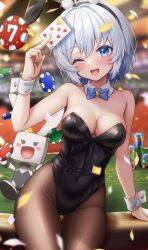  1girl animal_costume awai_ryuzaki blue_eyes blue_hair blush breasts dot_nose hand_up highres indie_virtual_youtuber large_breasts no_bra one_eye_closed open_mouth rabbit_costume short_hair siro_(vtuber) solo virtual_youtuber wink  rating:Sensitive score:12 user:cci