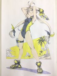  1girl antenna_hair arms_up beach belt black_one-piece_swimsuit blonde_hair breasts cloud fingerless_gloves full_body gloves highres long_hair one-piece_swimsuit original painting_(medium) palm_tree peter_salt solo standing swimsuit thigh_belt thigh_strap traditional_media tree twintails two-tone_one-piece_swimsuit water_gun watercolor_(medium) yellow_one-piece_swimsuit 
