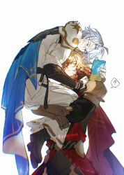  2boys ? antenna_hair armor black_coat black_pants black_shirt blonde_hair blue_cape blue_eyes braid cape carrying carrying_person chest_tattoo clawed_gauntlets coat commentary english_commentary facial_tattoo gradient_hair hair_between_eyes highres holding holding_phone honkai:_star_rail honkai_(series) male_focus medium_hair multicolored_hair multiple_boys mydei_(honkai:_star_rail) pants parted_bangs pauldrons phainon_(honkai:_star_rail) phone red_cape red_hair red_tattoo shirt short_hair shoulder_armor side_braid single_pauldron spoken_question_mark sszeep_duck tattoo white_coat white_hair yaoi yellow_eyes 