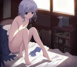 1girl barefoot blue_dress blue_eyes blue_hair breasts cirno dress female_focus full_body indoors matching_hair/eyes nude on_bed panties polka_dot polka_dot_panties ribbon short_hair sitting small_breasts soha_(sirohase) solo sunlight touhou underwear unworn_dress unworn_headwear unworn_panties window rating:Questionable score:48 user:danbooru