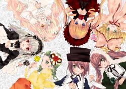  6+girls black_flower black_rose blonde_hair blue_eyes brown_hair dress flower gothic_lolita green_eyes green_flower green_hair green_rose grey_hair heterochromia hinaichigo holding holding_flower kanaria kirakishou lolita_fashion looking_at_viewer lying multiple_girls official_art on_back open_mouth parted_lips peach-pit pink_flower pink_rose purple_flower purple_rose red_eyes red_flower red_rose rose rozen_maiden shinku smile souseiseki suigintou suiseiseki white_flower white_rose yellow_eyes yellow_flower yellow_rose 