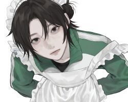  1boy aegyo_sal apron arm_behind_back black_shirt brown_hair closed_mouth freckles green_eyes green_jacket hair_between_eyes highres jacket long_sleeves looking_at_viewer maid_apron maid_headdress male_focus original parted_bangs shirt short_hair simple_background slit_pupils solo track_jacket upper_body uyumint white_apron white_background 