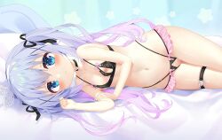  1girl bed_sheet black_bra black_panties black_ribbon blue_eyes blue_hair blush bra breasts closed_mouth crotchless crotchless_panties cupless_bra dakimakura_(medium) gochuumon_wa_usagi_desu_ka? hair_ornament hair_ribbon hairband highres kafuu_chino leg_belt loli looking_at_viewer lying navel nipples no_pussy on_side panties ribbon small_breasts smile taku_michi twintails uncensored underwear white_hairband x_hair_ornament 