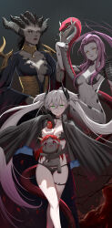  3girls black_cloak black_hands black_sclera body_markings breasts chibi cleavage cloak colored_extremities colored_sclera colored_skin commentary_request crossover demon_girl demon_horns demon_wings diablo_(series) fate/grand_order fate_(series) green_eyes grey_eyes grey_hair grey_skin highres horns large_breasts lilith_(diablo) lilith_(fate) lilith_(megami_tensei) lilith_(second_ascension)_(fate) lilith_(the_binding_of_isaac) mailixiang medium_breasts multiple_girls name_connection orange_eyes parted_bangs purple_hair shin_megami_tensei shin_megami_tensei_v shin_megami_tensei_v:_vengeance snake the_binding_of_isaac twintails wings 