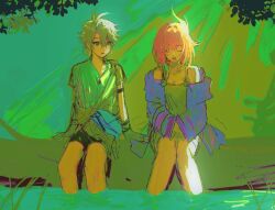  1boy 1girl ahoge bare_shoulders black_shorts blue_shirt chin_boooooooo coat commentary_request cyrene_(honkai:_star_rail) dress hair_ornament honkai:_star_rail honkai_(series) in_trunk multicolored_hair outdoors phainon_(honkai:_star_rail) pink_hair purple_coat shirt shorts sitting_on_log tree two-tone_hair white_dress white_hair 