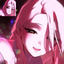  1girl alien_stage close-up comic_panel_redraw commentary derivative_work english_commentary lens_flare long_hair looking_at_viewer lubya mizi_(alien_stage) open_mouth pink_hair portrait smile solo 