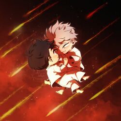  2boys alien_stage barefoot black_eyes black_hair chibi chibi_only choratri commentary falling green_eyes grey_hair highres holding_hands ivan_(alien_stage) looking_at_another male_focus meteor_shower multiple_boys pants red_pupils red_sky shirt short_hair signature sky smile symbol-only_commentary till_(alien_stage) very_short_hair white_pants white_shirt 