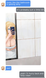  1girl artist_name blonde_hair blue_eyes breasts claire_lamund_(nhaliz) cleavage dirt double-parted_bangs english_text grabbing_own_breast highres holding holding_phone huge_breasts mirror mole mole_on_breast nhaliz original phone short_hair_with_long_locks solo text_messaging tile_wall tiles towel 