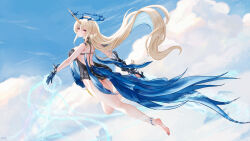  1girl absurdres ass bare_legs bare_shoulders barefoot black_collar black_dress blonde_hair blue_eyes blue_hair blue_sky breasts closed_mouth collar colored_inner_hair crown_of_thorns day dress earrings feet fleurdelys_(wuthering_waves) floating_earrings from_side full_body highres holding holding_sword holding_weapon horns jewelry large_breasts legs long_hair long_horns looking_at_viewer looking_to_the_side multicolored_hair outdoors pointy_ears short_dress single_horn sky soles solo sword toes very_long_hair weapon wjy1347193 wuthering_waves yellow_horns 