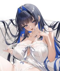  1girl :p absurdres alternate_costume babydoll bare_shoulders black_hair blue_eyes blue_hair blue_nails breasts cleavage colored_inner_hair hair_intakes highres hololive hololive_english lace lace-trimmed_panties lace_trim large_breasts long_hair looking_at_viewer lyusiola multicolored_hair nail_polish navel no_pants ouro_kronii panties sidelocks simple_background solo strap_pull strap_slip tongue tongue_out underwear virtual_youtuber white_babydoll white_background white_panties 