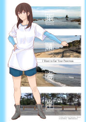  1girl blue_shirt blue_shorts boots brown_eyes brown_hair casual closed_mouth full_body grey_boots hand_on_own_hip highres kimi_no_suizou_wo_tabetai long_hair long_sleeves looking_at_viewer photo_(medium) photo_background shirt shirt_under_shirt shorts smile solo standing white_shirt yamauchi_sakura yukikaze_(isamiashi) 