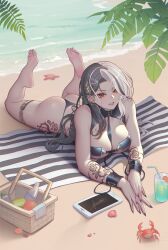  1girl absurdres ass barefoot basket beach black_hair crab feet goddess_of_victory:_nikke highres long_hair looking_at_viewer lying multicolored_hair on_stomach parted_lips rosanna_(chic_ocean)_(nikke) rosanna_(nikke) soles tablet_pc toes two-tone_hair white_hair xiumu_bianzhou  rating:Sensitive score:42 user:ssfl