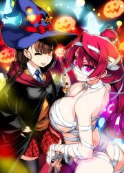  2girls ;p alternate_costume alternate_hairstyle arched_back ass bandages bare_shoulders black_legwear braid breasts brown_eyes brown_hair cardigan cleavage cloak closed_mouth cosplay cowboy_shot from_side halloween halloween_costume hand_on_own_hip hat highres ishida_akira jack-o&#039;-lantern large_breasts long_hair long_sleeves looking_to_the_side maid_ane_(maoyuu) maou_(maoyuu) maoyuu_maou_yuusha multiple_girls mummy mummy_(cosplay) necktie one_eye_closed pink_eyes plaid_clothes plaid_necktie plaid_neckwear plaid_skirt ponytail red_hair skirt thighhighs tongue tongue_out twin_braids wand wide_sleeves witch witch_hat 