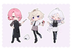  3boys :3 ^_^ absurdres apron black_necktie black_pants black_shoes black_vest blonde_hair blush brown_apron brown_shirt closed_eyes collared_shirt commentary_request cream cup fang food full_body hand_fan highres holding holding_cup holding_fan ice_cream looking_at_viewer male_focus multiple_boys necktie open_mouth original outline pants pink_eyes pink_hair purple_background purple_eyes rabbit seto_(setosan) shirt shoes single_hair_intake vest watermark white_hair white_outline white_shirt 