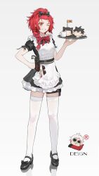  1girl absurdres alternate_costume apron bangs_pinned_back black_bow black_dress black_shoes bow bowtie braid breasts chen_qixing chixia_(wuthering_waves) coffee_mug commentary_request cup dress english_text enmaided female_rover_(wuthering_waves) foodification full_body grey_background grin hair_bow hand_on_own_hip highres holding holding_tray looking_at_viewer maid male_rover_(wuthering_waves) medium_breasts medium_hair mug multicolored_hair one_eye_closed pouch red_bow red_bowtie red_eyes reflective_floor rover_(wuthering_waves) scar scar_(wuthering_waves) scar_on_face shoes short_sleeves simple_background smile solo streaked_hair thigh_pouch thighhighs thighs tray white_apron white_thighhighs wuthering_waves 