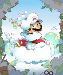  1boy black-framed_eyewear brown_hair cloud cloud_mario deeznutterbutts facial_hair glasses gloves hat koopa_paratroopa mario mario_(series) mustache nintendo official_alternate_costume overalls red_shirt round_eyewear shirt short_hair sitting spiny super_mario_galaxy_2 unworn_eyewear white_gloves white_hat white_overalls 