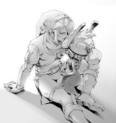  1boy 1girl belt breasts closed_eyes colored_skin greyscale hand_on_another&#039;s_back hat helmet highres jewelry link long_hair midna monochrome multicolored_skin nintendo pointy_ears sitting the_legend_of_zelda the_legend_of_zelda:_twilight_princess tsuyuga tunic two-tone_skin  rating:Sensitive score:12 user:danbooru