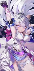  1girl arms_up blue_eyes breasts commentary cowboy_shot dduehddueh diamond-shaped_pupils diamond_(shape) dress english_commentary highres honkai_(series) honkai_impact_3rd kiana_kaslana kiana_kaslana_(herrscher_of_finality) large_breasts long_hair purple_pupils sleeveless sleeveless_dress smile solo symbol-shaped_pupils tiara white_dress white_hair 
