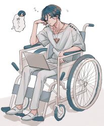  1boy blue_hair chibi chibi_inset closed_mouth computer flying_sweatdrops fukurai_azami full_body hair_between_eyes hand_on_own_cheek hand_on_own_face hatemadeimym highres laptop male_focus meguriya_ayumu pants shirt shoes short_hair short_sleeves simple_background sitting sleeping sleeping_upright solo_focus speech_bubble thought_bubble toshi_densetsu_kaitai_center triangle_necklace wheelchair white_background white_pants white_shirt white_shoes 