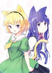 2girls animal_ear_fluff animal_ears blonde_hair bow cat_ears cat_girl cat_tail collared_shirt dress furude_rika green_dress hairband hazumi_otoya headband highres higurashi_no_naku_koro_ni hime_cut houjou_satoko long_hair multiple_girls neckerchief pink_bow purple_eyes purple_hair sailor_collar sailor_dress shirt short_sleeves skirt suspender_skirt suspenders tail white_shirt yellow_neckerchief rating:Sensitive score:6 user:danbooru